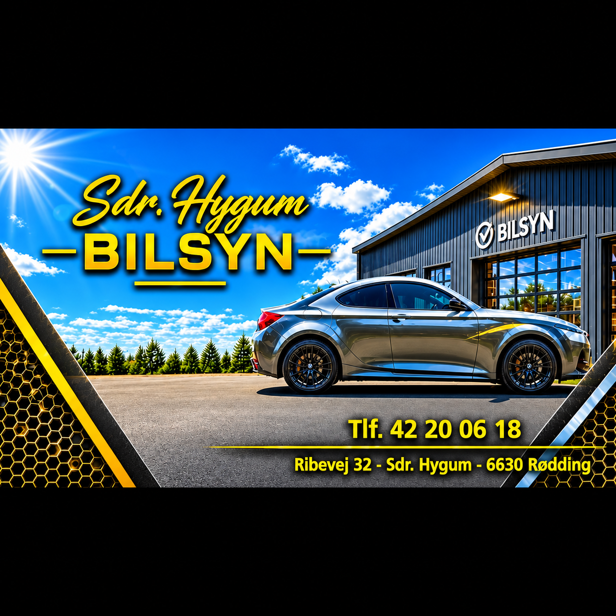 Illustration med Sdr. Hygum Bilsyns logo, en bil og en synshal